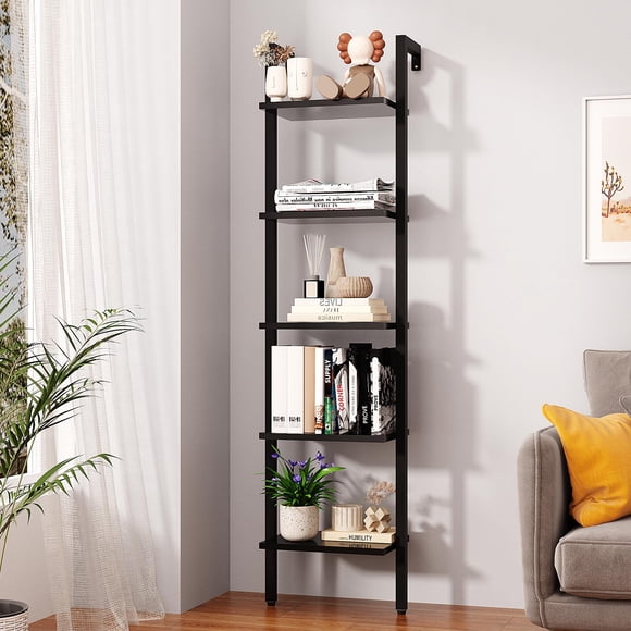 YMYNY 5 Tiers Narrow Ladder Bookcase, Industrial Wall Mounted Bookshelf, Open Display Rack with Metal Frame, Wooden Storage Shelv