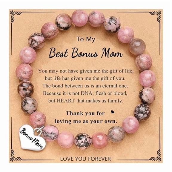 Bonus Mom Bracelet Gift, Pink Marbled Beaded Bracelet with Heart Accent and Meaningful Message Card, Keepsake Gift for Stepmom, Motherβs Day, Birthday or Christmas