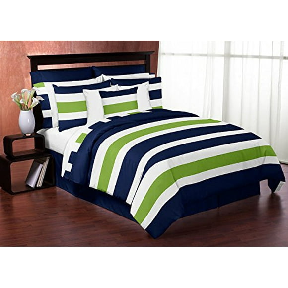 Sweet Jojo Designs 3-Piece Navy Blue Lime Green and White Childrens, Kids, Teen Full/Queen Boys Stripe Bedding Set Collection