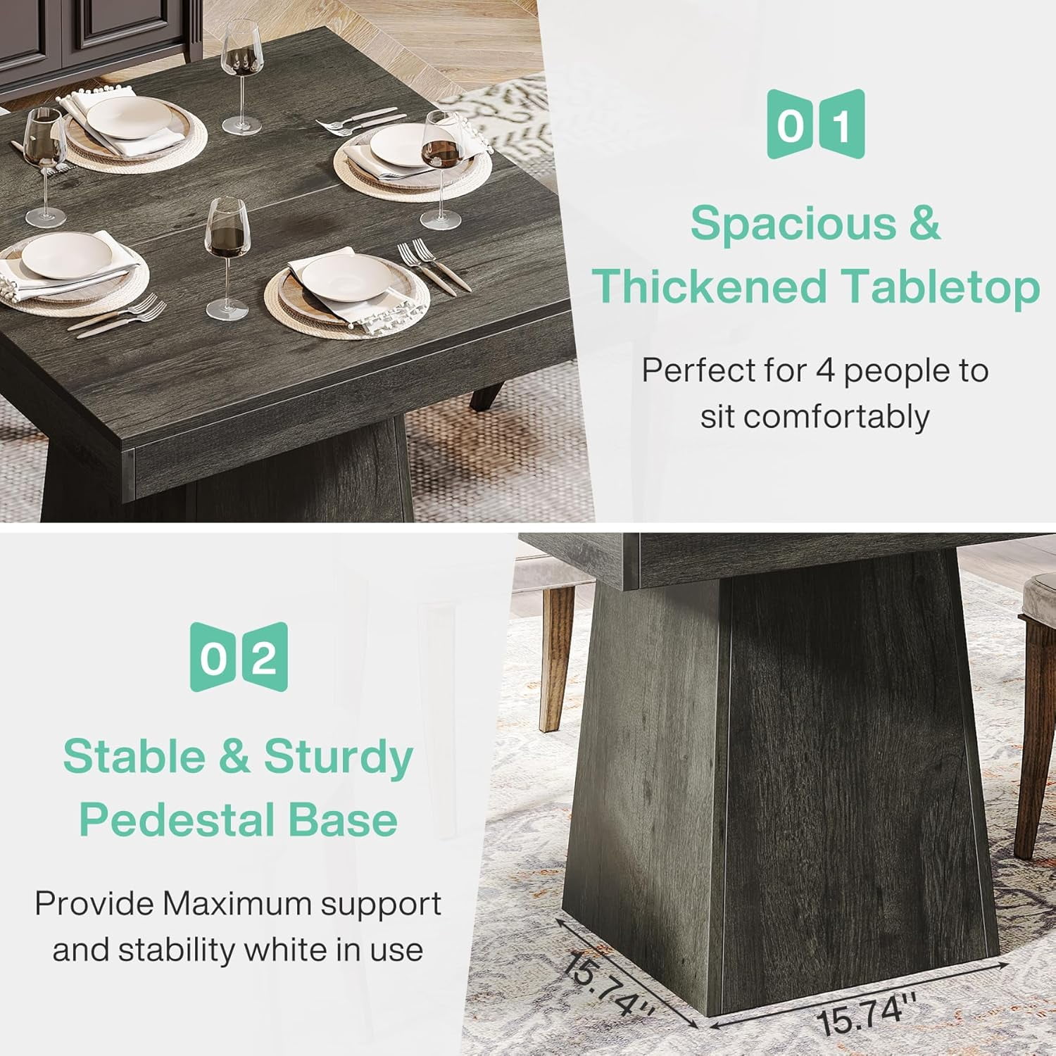 Dining Table, Rustic Farmhouse Square Kitchen Table for 4, 31.5 in L x 31.5 in W x 29.53 in H, Gray Wood Grain