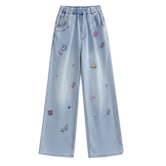 CONZONE Toddler Girls Baggy Jeans Wide Leg Printed Denim Pants for Girls Elastic Waist Trendy Fall Trousers with Pockets Size 4-5 Years