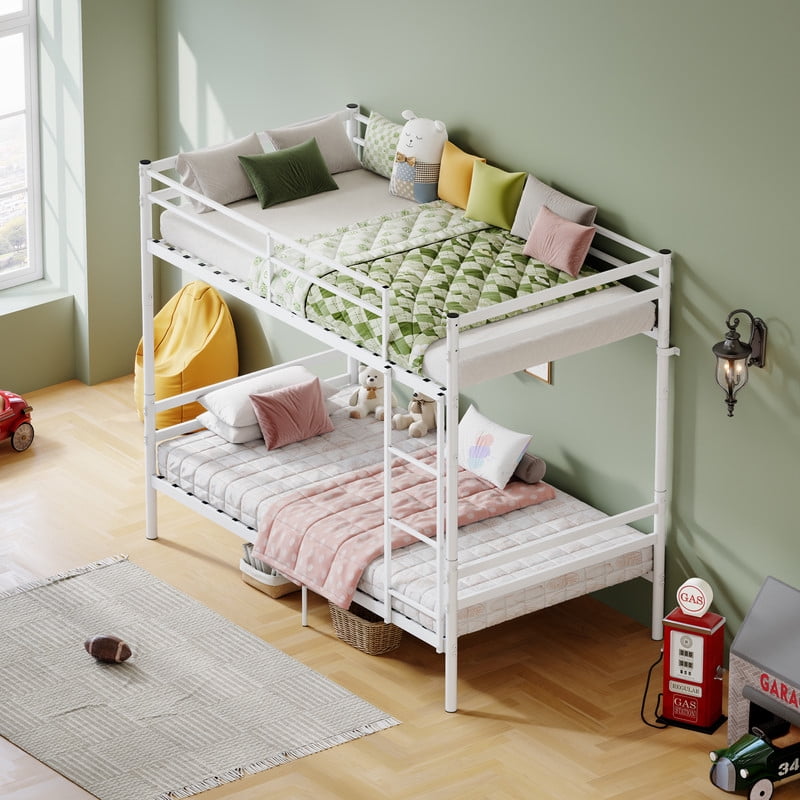 Twin Over Twin Metal Bunk Bed, Heavy Duty Bunk Bed for Kids, Teens & Adults, Convertible into 2 Twin Beds, 11.42" High Guardrails, Built-In Ladder, Under-Bed Storage, Easy Assembly