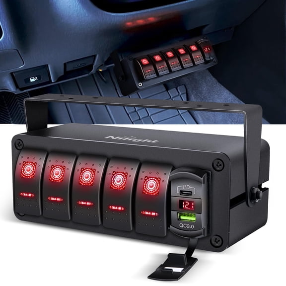 Nilight 5 Gang Rocker Switch Box 12V SPST ON Off Toggle Switches PD Type C and QC 3.0 USB Charger Voltmeter LED Light Waterproof Aluminum Mount Bracket Panel DIY Stickers for Boat Car RV Truck