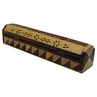 Incense Burner Wooden Coffin Box Sticks & Cones Holder Decorative Design Ash Catcher