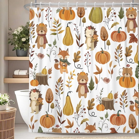 Fall Woodland Shower Curtain,Bear Fox Hedgehog Autumn Animal Kids Bathroom Curtain,Polyester Waterproof Decor with Hooks,36 x72 Inch
