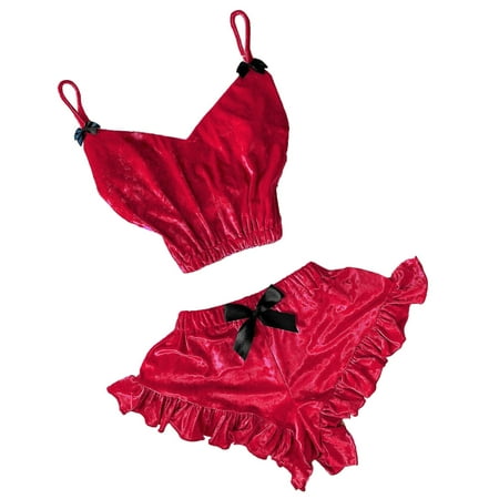 

Shpwfbe Womens Pajama Sets V-Neck Velvet Stain Camisole Bowknot Shorts Valentines Day Gifts St Patricks Day Decorations