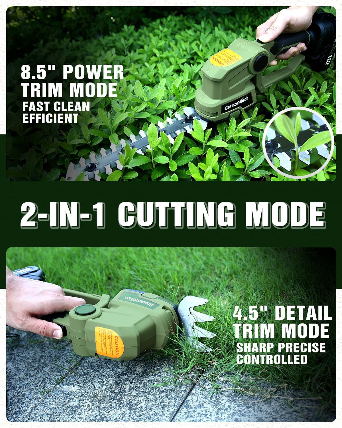 21V Cordless Hedge Trimmer with Battery & Charger, 2-in-1 Bush Trimmer and Grass Shear for Garden