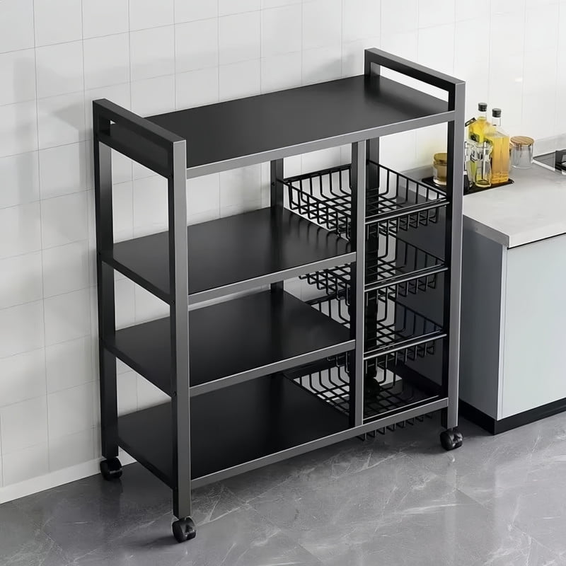 Howcool Movable Kitchen Rack w/ Wheels, Heavy-Duty 4-Tier Storage Cart w/ 3 Mesh Baskets , Metal Shelf Organizer