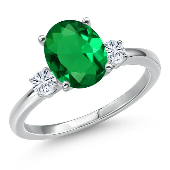 Gem Stone King 14K White Gold Green Nano Emerald and White Moissanite Engagement Ring for Women | 2.20 Cttw | Oval 10X8MM | Gemstone May Birthstone | Size 6