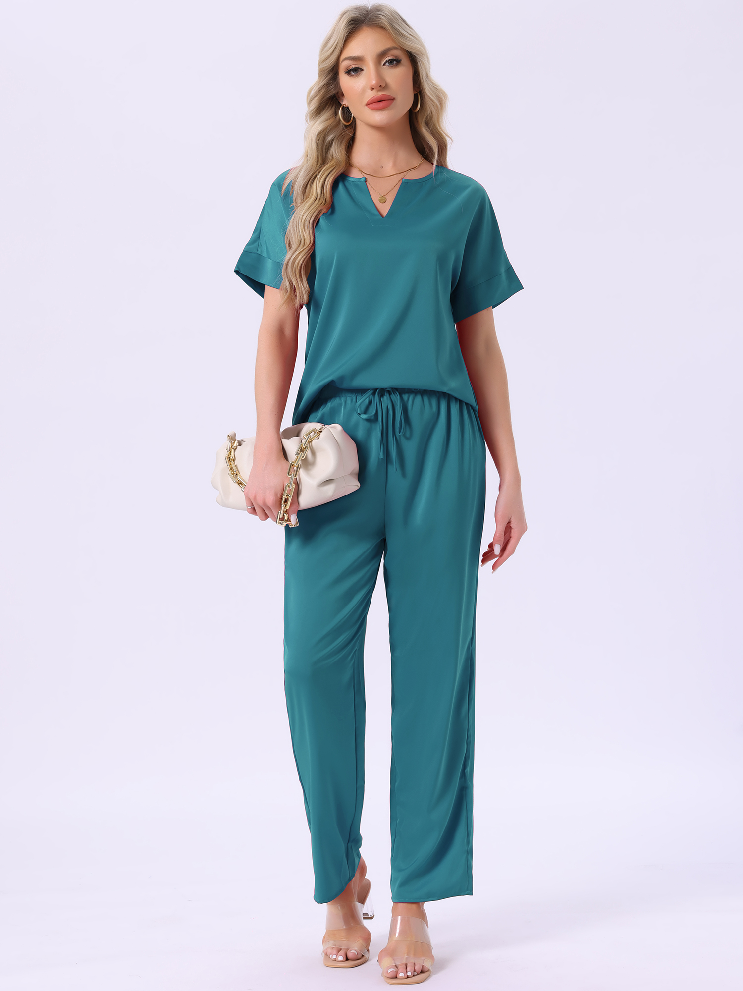 DARING DIVA Satin Pajamas Silky Short Sleeve V Neck Shirt Long Pant Set L Peacock Green
