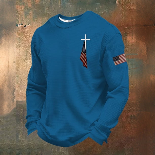 Ceisia Men's Cross & American Flag Waffle Top | Relaxed Long-Sleeve Crewneck Casual Shirt Gift