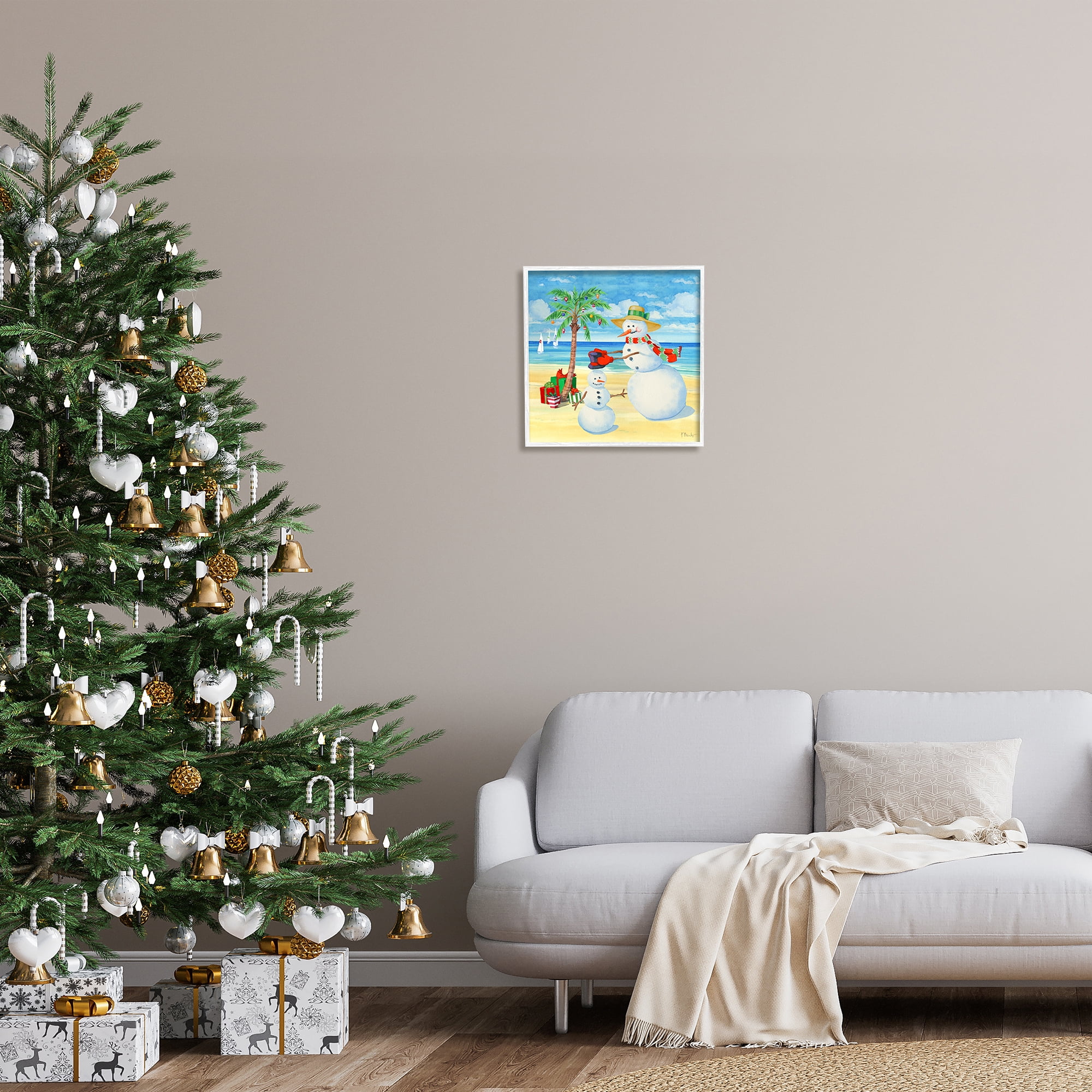Stupell Industries Festive Snowman Beach Holiday Painting White Framed Art Print Wall Art, 17 x 17