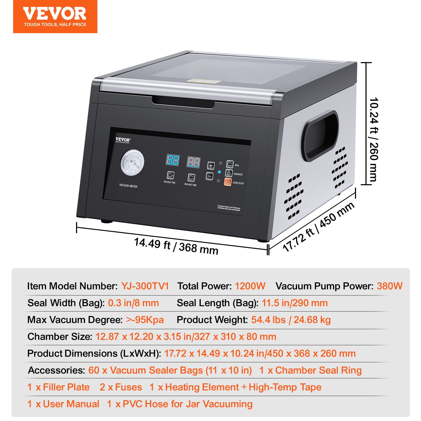 VEVOR Chamber Vacuum Sealer, 380W Vacuum Pump Power, Sealing Bag Packing Machine for Wet Foods, Meat, Compact Design with 11.5 in Sealing Length, Ideal Commercial Sealer for Professional and Home Use