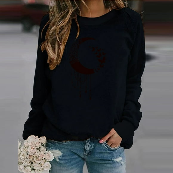 Jsaierl Womens Crewneck Sweatshirts Clearance Casual Print Sweatshirt Top Long Sleeve Workout Fall Clothes Sweatshirts
