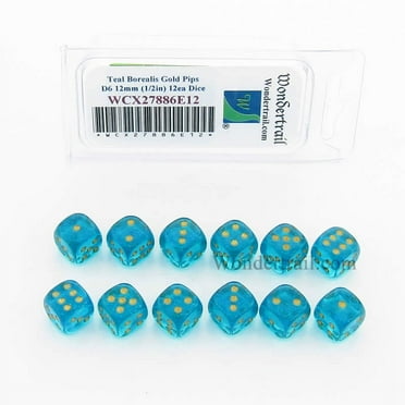 Teal Borealis Dice with Gold Pips 12mm (1/2in) D6 Pack of 12 Wondertrail