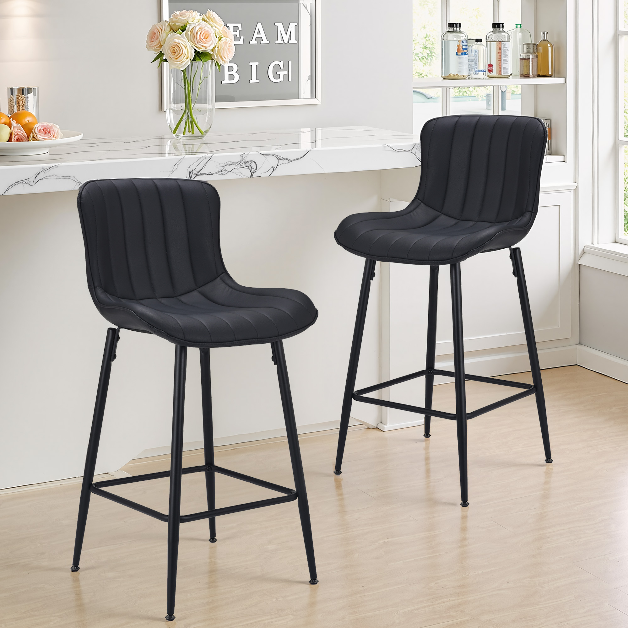 MAYEERTY Black 2-Pack Faux Leather Counter Bar Stools, Modern Design for Kitchen Islands & Dining Rooms