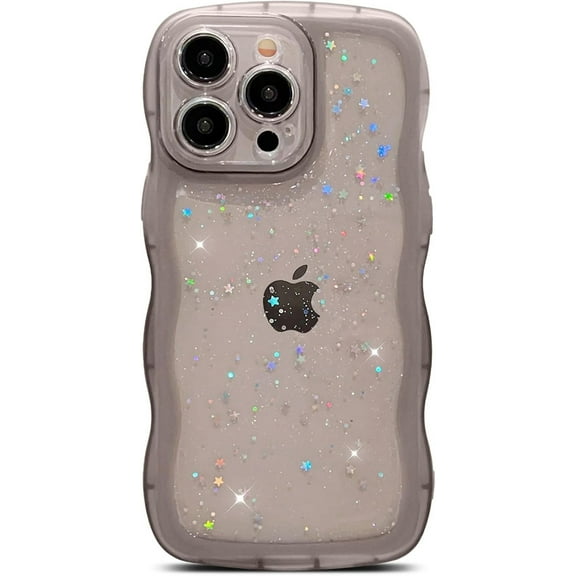 for iPhone 16 Pro Case 6.3" Bling Glitter Star, Cute Kawaii Curly Wavy Shiny Sparkle Clear Transparent Camera Lens Protection Soft Shockproof Aesthetic Phone Cover for Women (Black)