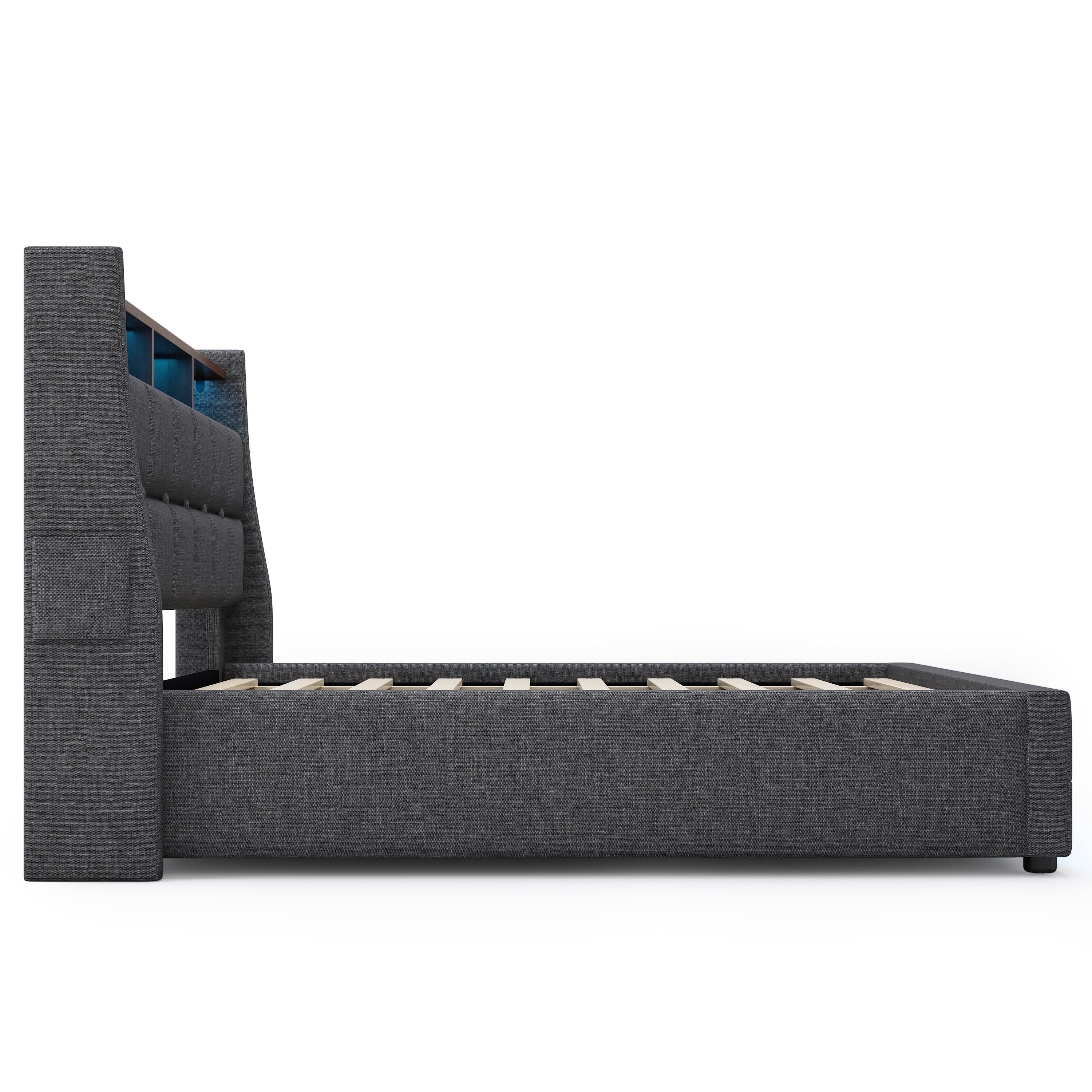 Full size Platform bed with Hydraulic Storage, LED and Charging Station, No Box Spring Needed