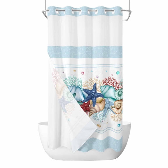 Sky Blue Ocean Starfish No Hook Shower Curtain Waterproof, Bathroom Curtains with Snap in Liners and See Through Top Window, Summer Coastal Coral Conch Hotel Style Bathtub Curtains Shower 36"Wx72"L