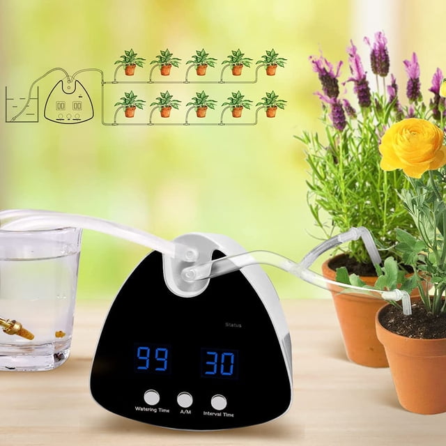 Sistema de riego de plantas Regadera automática para plantas, kit de sistema de riego por goteo con temporizador de programación de 30 días USB y dispositivos de riego automático con batería para