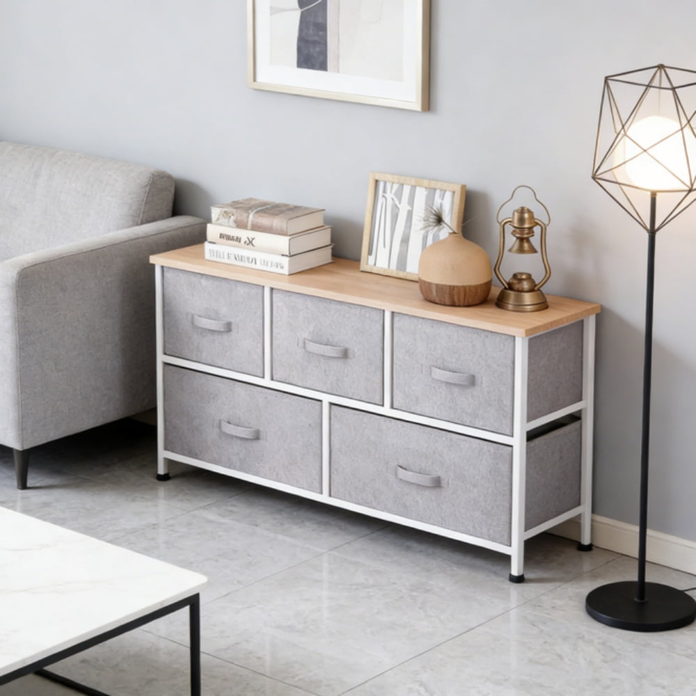 5 Drawer Fabric Storage Dresser Grey Non-Woven Drawers White Steel Frame Natural Wood Top Slim Chest Organizer for Bedroom Living Room Entryway