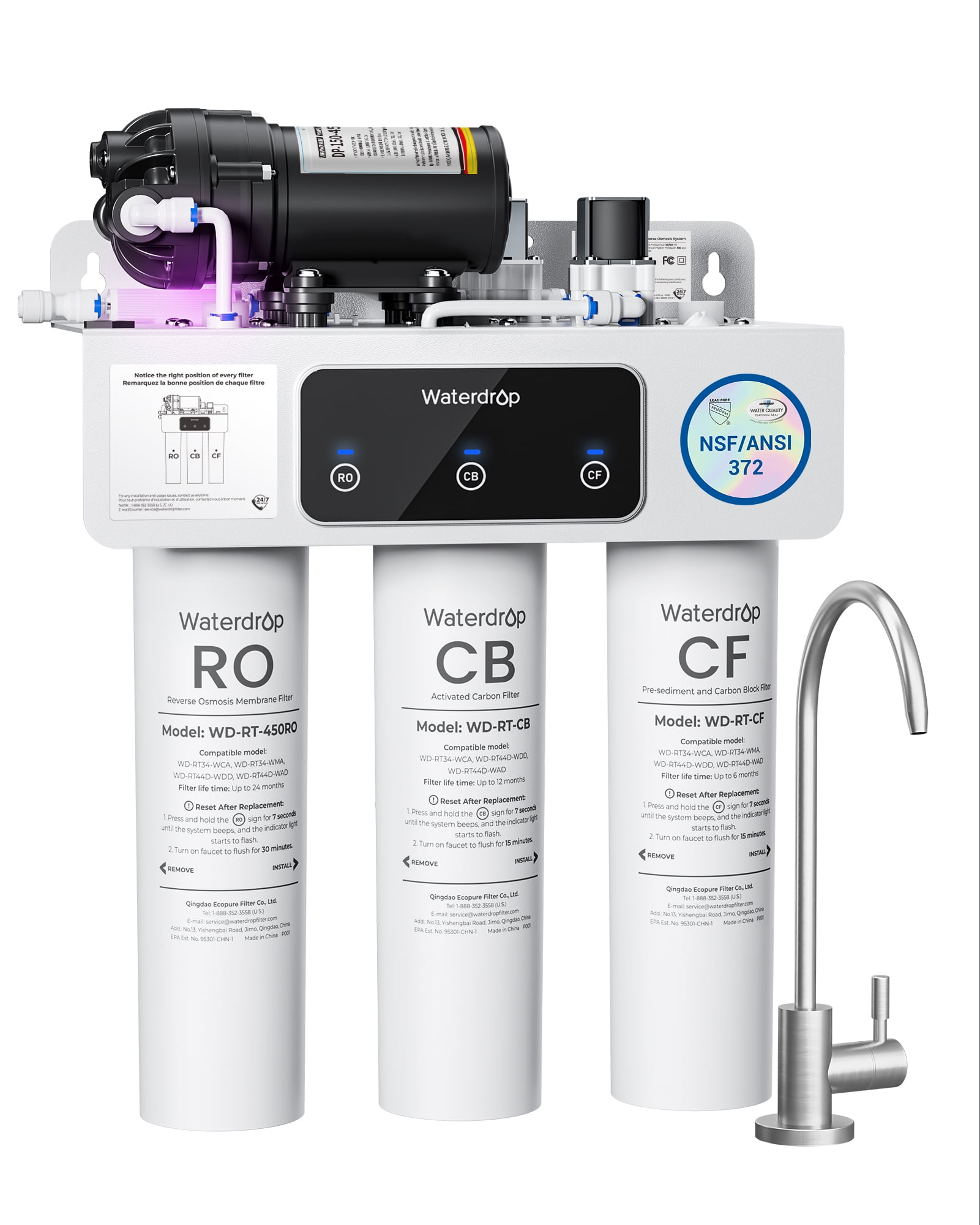 Restored Waterdrop WD-T3-C Reverse Osmosis Water Filter,450GPD,8-Stage Under Sink RO Water Filter, 450G Tankless Water Filtration System, 2:1 Pure to Drain, BPA Free, Plug-in Required (Refurbished)
