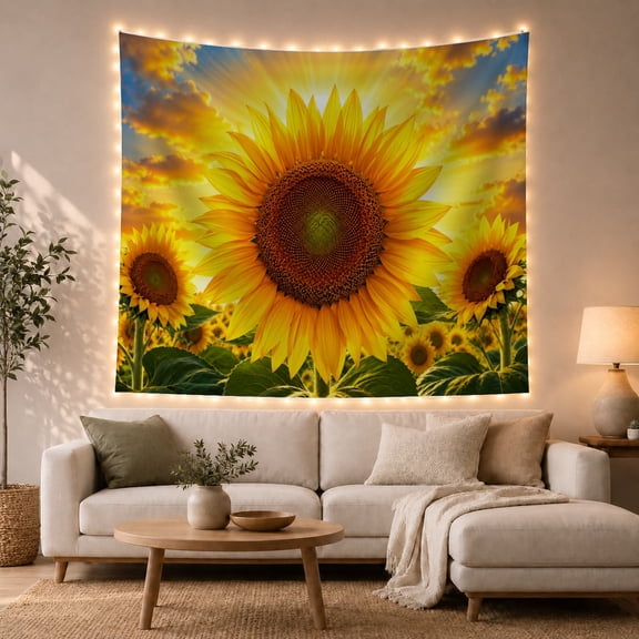 Large Sunflower with Golden Petals in Amber Rays, Serene Rustic Wall Art for Nature Lovers, Botanical Bloom Decor Housewarming Gift, Tapestry Wall Hanging for Living Room and Bedroom