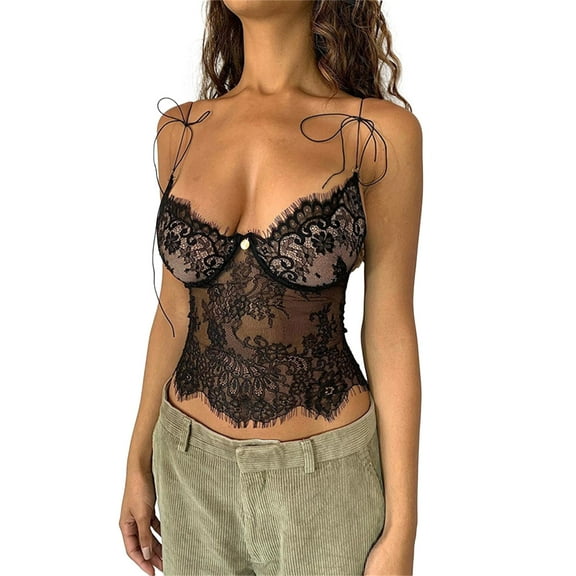 Women Low Cut V-Neck Tie Shoulder Straps Bodycon Crop Top See Through Eyelash Flower Lace Camisole Vests Lingerie