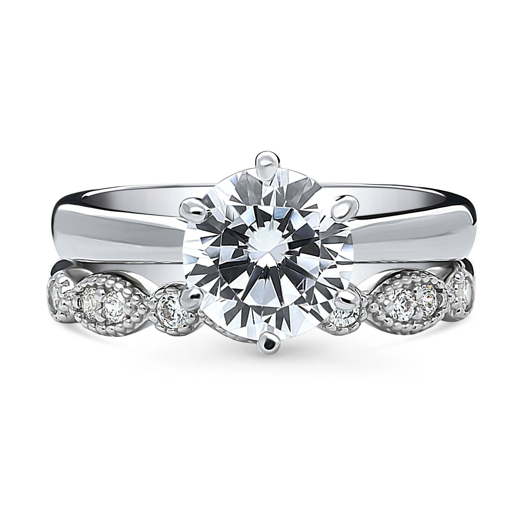 BERRICLE Sterling Silver Milgrain Wedding Engagement Rings 2 Carat Cubic Zirconia CZ Solitaire Ring Set for Women, Rhodium Plated Size 4