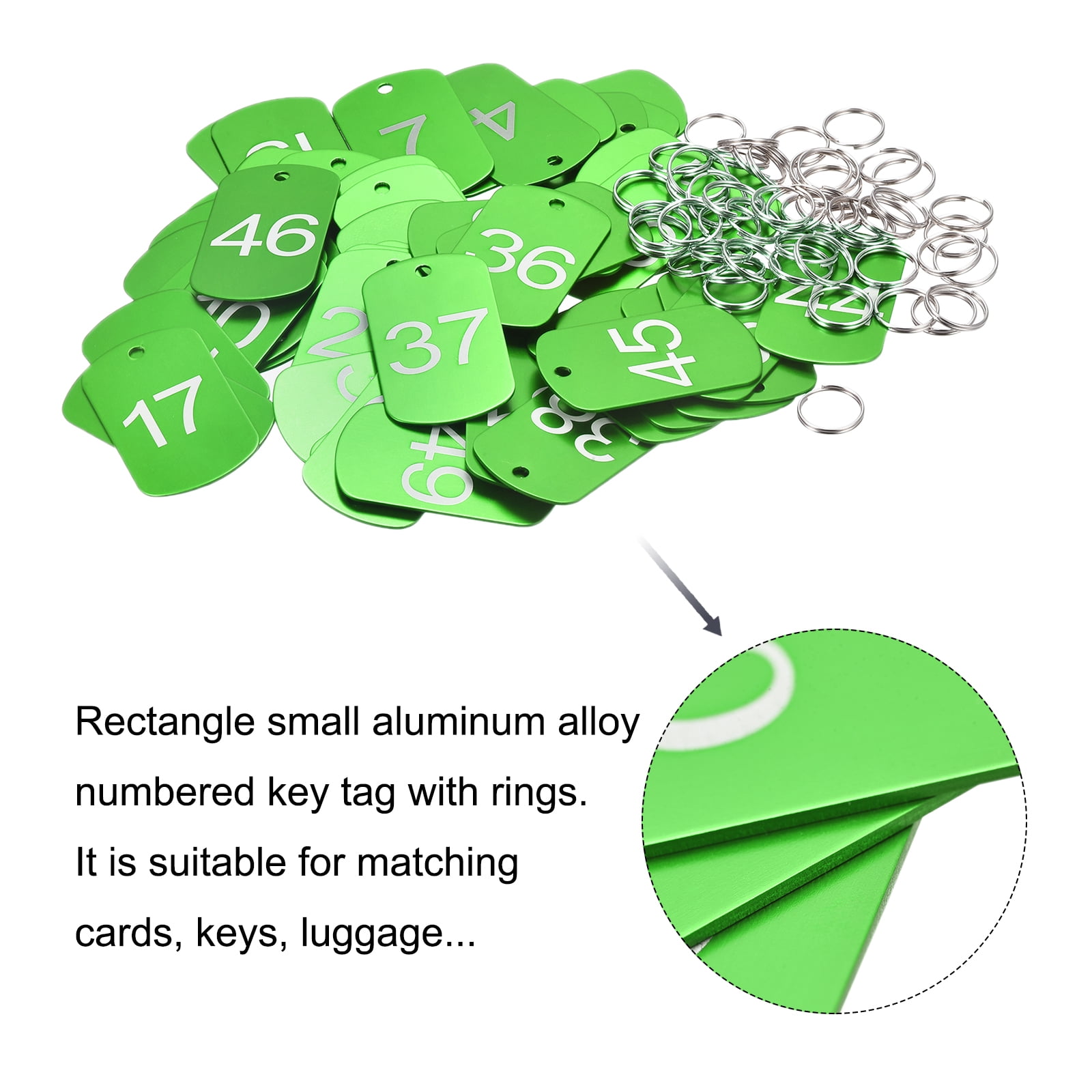 Uxcell Numbered Tag, Aluminum Key Tags Metal ID Tags, 1-50 Number with Ring Green Rectangle for Decoration, Pack of 50