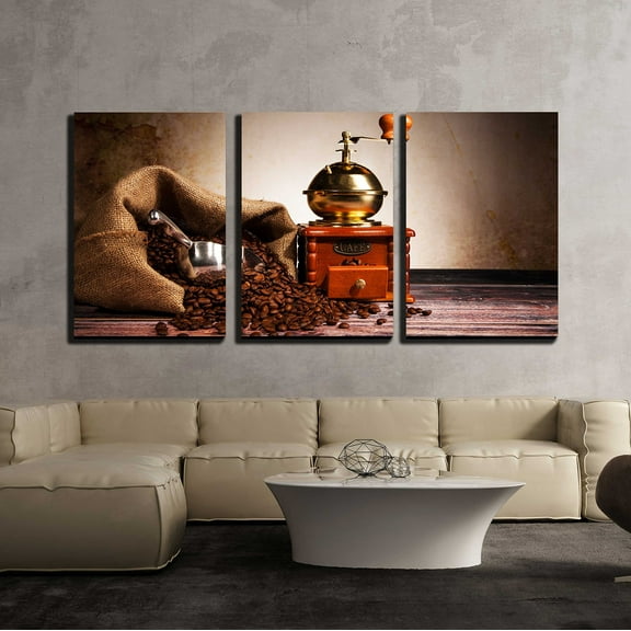 wall26 - 3 Piece Canvas Wall Art - Coffee Still Life with Wooden Grinder - Modern Home Art Stretched and Framed Ready to Hang - 24"x36"x3 Panels