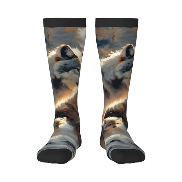 Fotbe Wolf Family Winter Wonderland Calcetas Divertidas Estampadas para Hombre y Mujer, Calcetas de Algodón hasta la Rodilla para Caminar, Correr, Enfermería y Embarazo