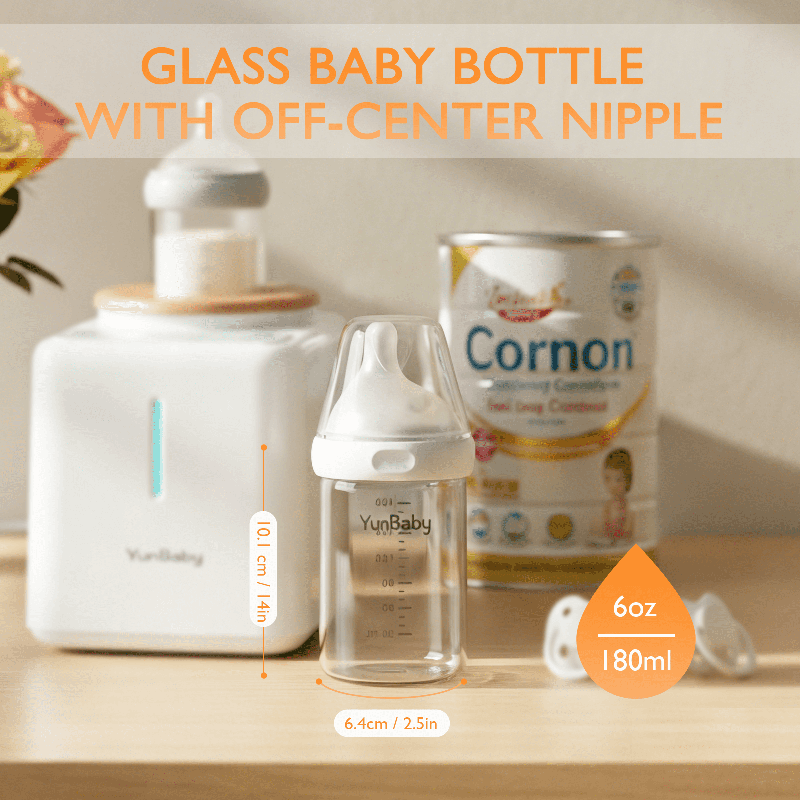 YunBaby Newborn Baby Bottle 6oz, Made of Borosilicate Glass, Anti-Colic, with a Wide Neck, Breast-Like Nipple, Natural Glass Baby Bottles, 3 Pack