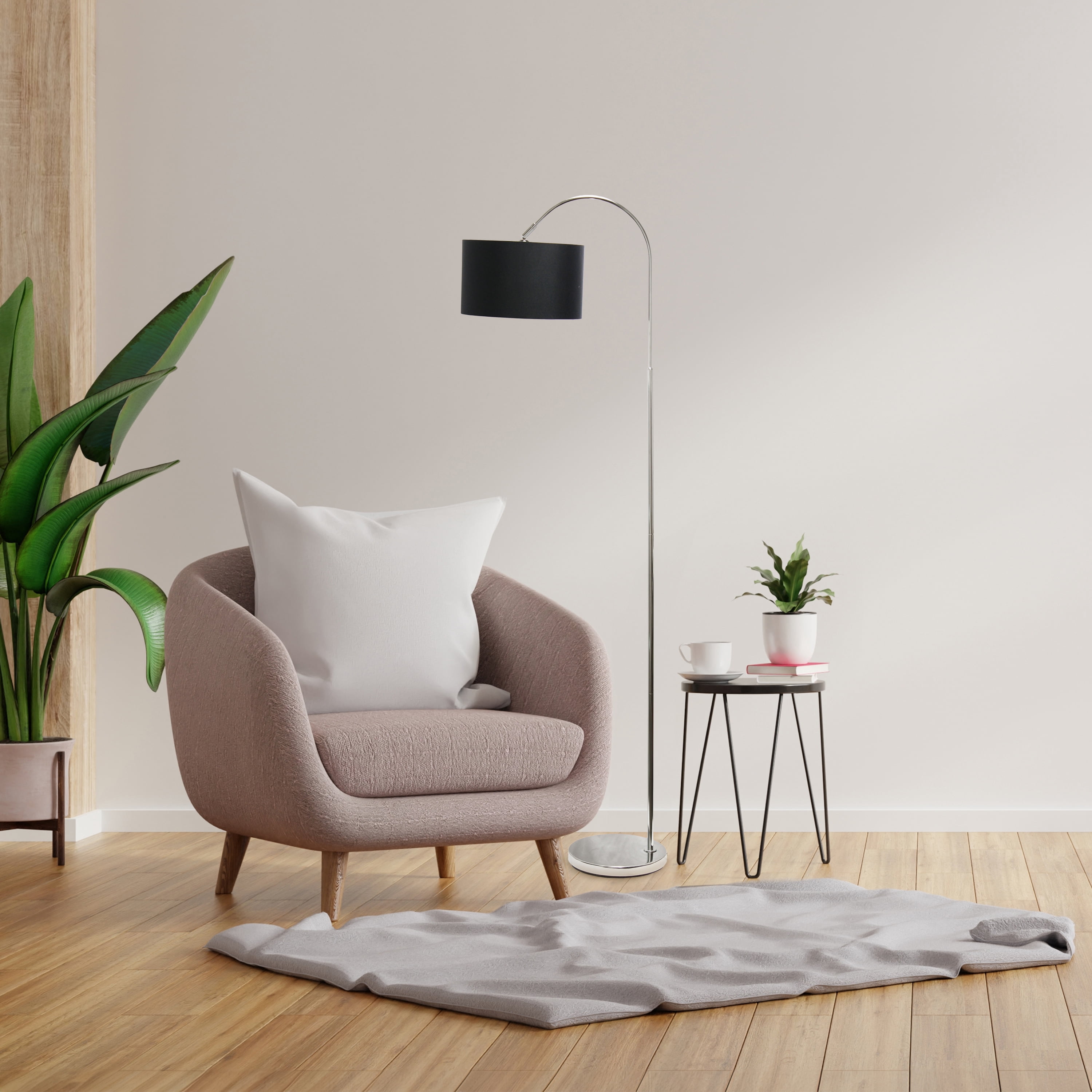 Creekwood Home 66" Modern Arched Brushed Nickel Floor Lamp with LED Bulb, Black Shade