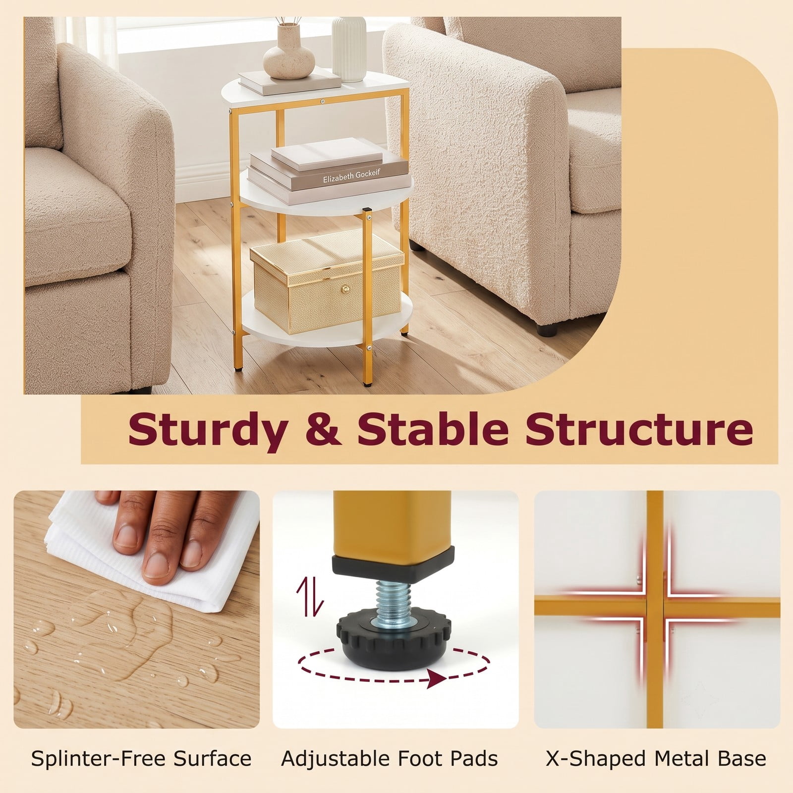 Furnibear 3-Tier Round End Table Set of 2, Small Space Nightstand Side Table with Storage Shelves and X-Shaped Metal Base for Living Room Bedroom Entryway, White & Gold