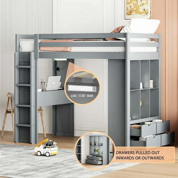 Twin Size Loft Bed - White With Led , Desk, Shelves For Organization Large Shelves, Writing White, Space-saving & Stylish