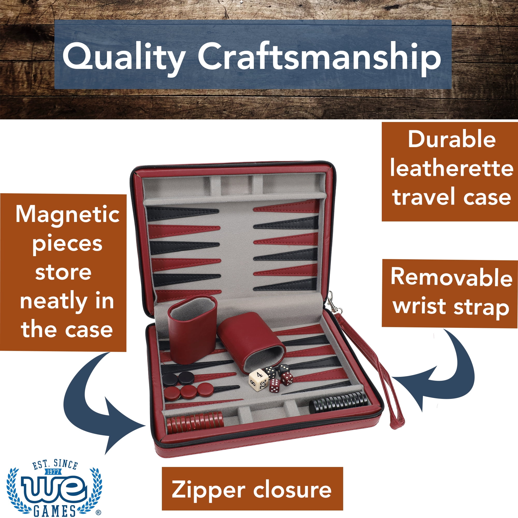 WE Games Magnetic Backgammon Set with Leatherette Case - Travel Size