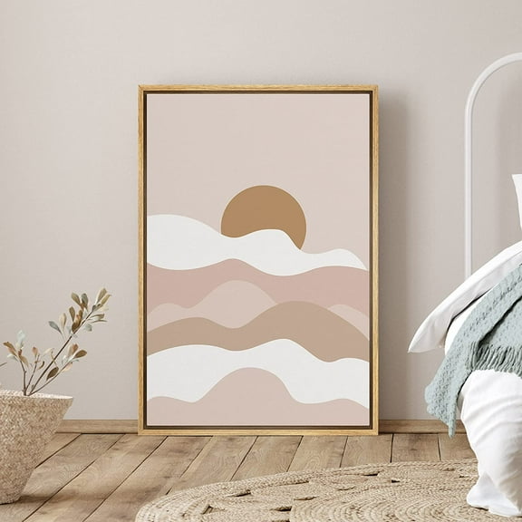 PixonSign Framed Canvas Print Wall Art Tan Mountains and Sun Abstract Wildlife Illustrations Modern Art Rustic Scenic Colorful Multicolor Boho Decor for Living Room, Bedroom - 16"x24" Natural