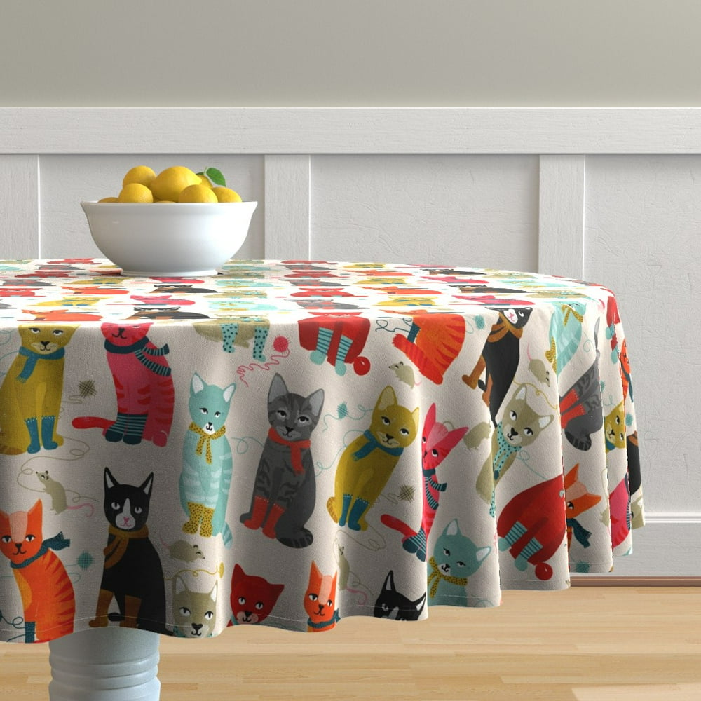 Round Tablecloth Cat Kitten Kittens In Mittens Feline Cotton Sateen