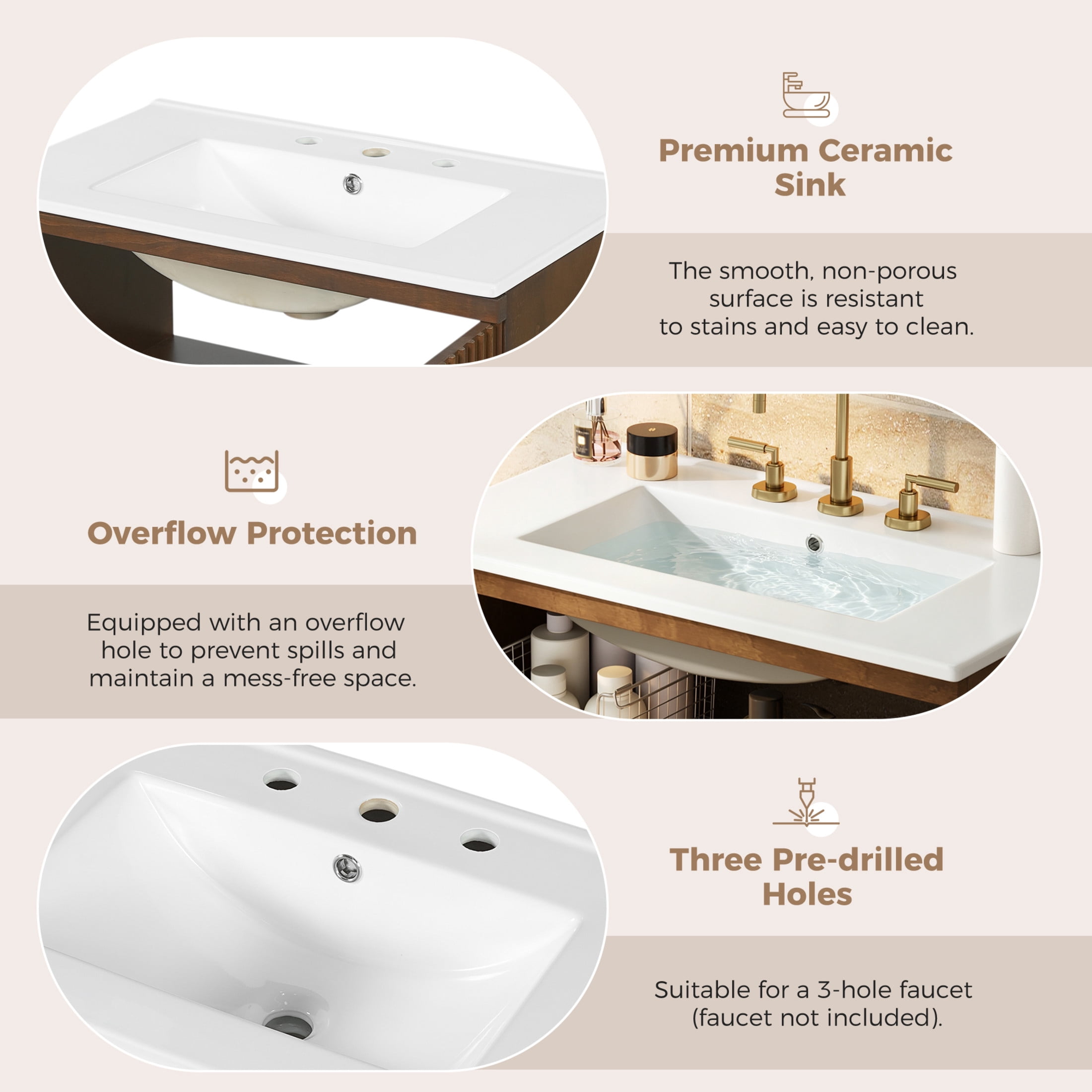 Christopher Knight Home 30" Bathroom Vanity, Fluted Cabinet with Ceramic Sink, Hidden Storage, Walnut