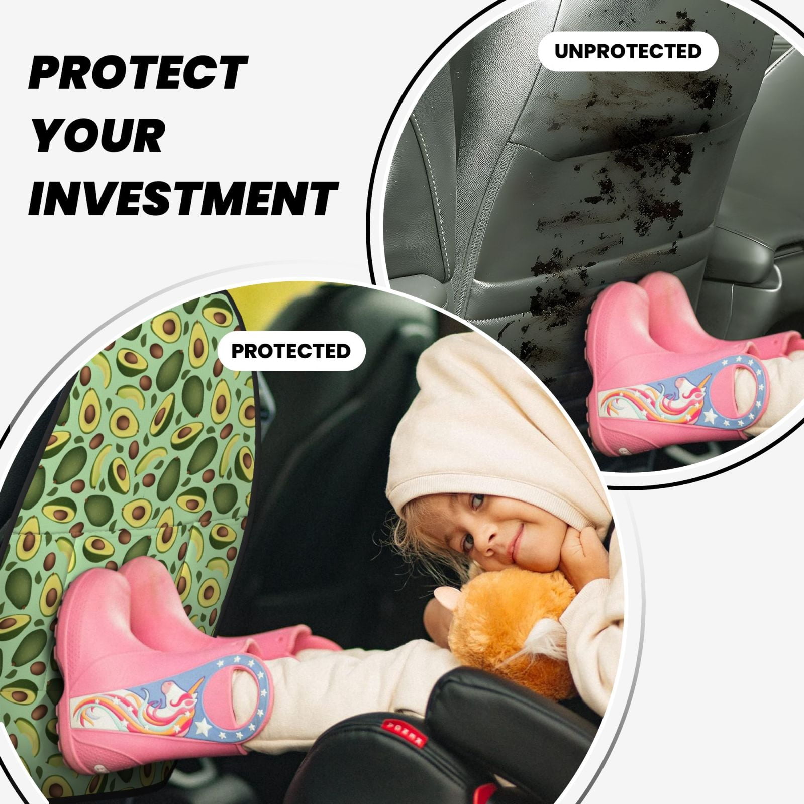 Xecao Avocado With Seeds Pattern Car Seat Back Protector 2 Pack Large Capacity Pocket, Kick Mats Back Seat Protector