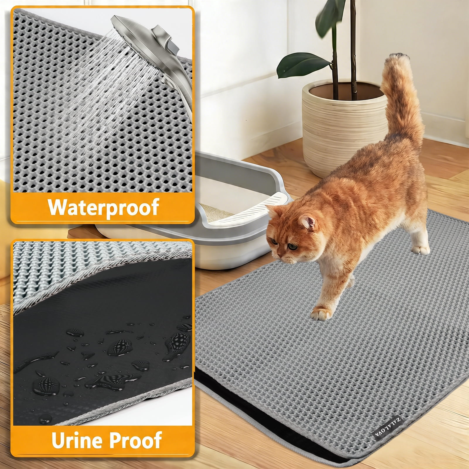ZALALOVA Cat Litter Mat Extra Large XL 48" x 36" Trapping Mat for Cat Litter Box Matt for Floor-2 Layer Rug for Pet Kitty Box-Waterproof Urine Proof,Non-Slip (Grey)