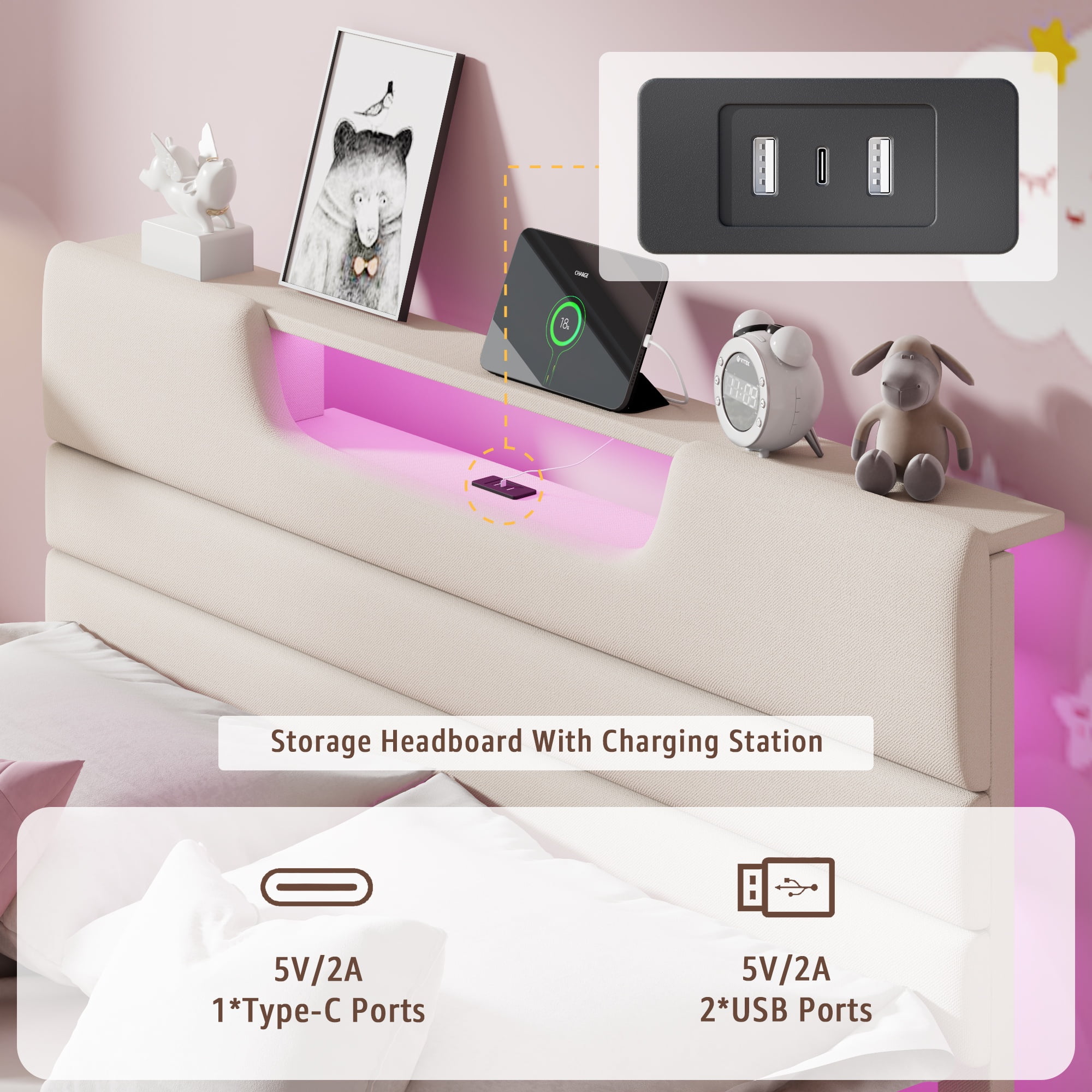 Tydimor Beige Fine Linen Fabric Bed Frame with LED Lights & Charge Station, Twin Size Bed Frame with Upholstered Headboard, No Box Spring Needed