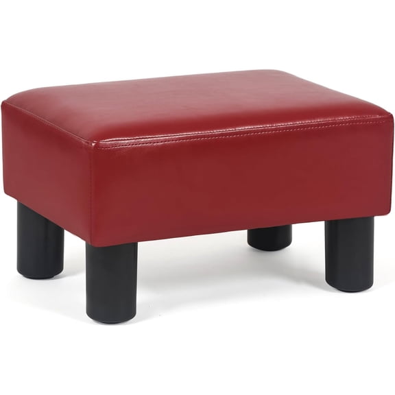 15" Faux Leather Seat Footstool Small Ottoman for Foot Rest, Square Ottoman Bench for Living Room, Burgundy Red