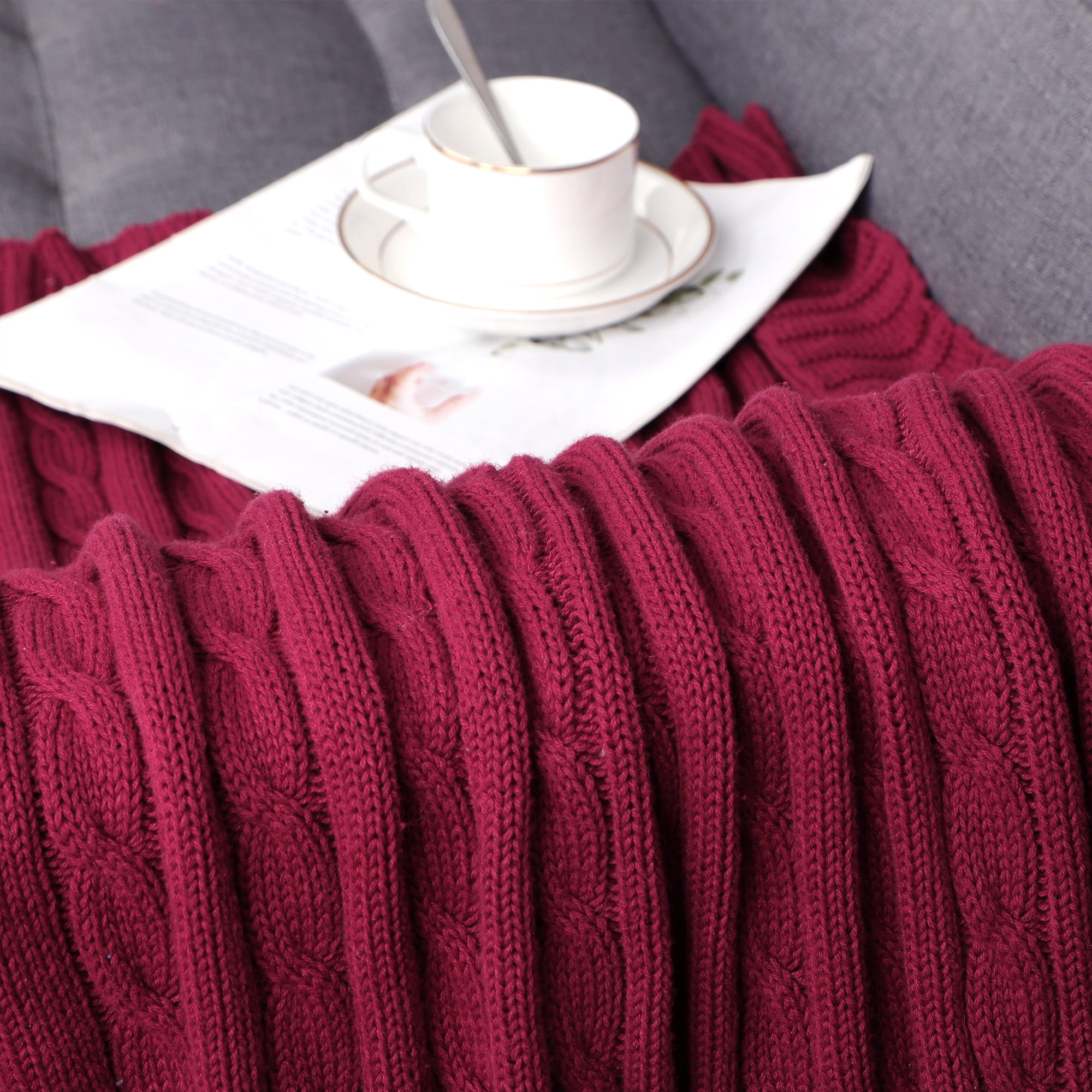 Unique Bargains Cable Knitted Bed Sofa Throw Blanket Red 71" x 79"