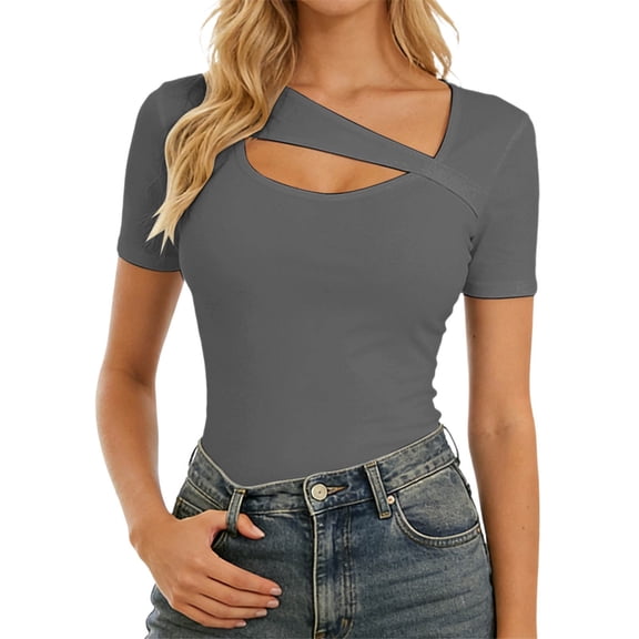 FUYUDY Women Tshirts Summer Asymmetrical Hem Fitted Short Sleeve T-Shirt Casual Basic Tee Tops For Daily Wear Trendy Female Solid Color Dailywear