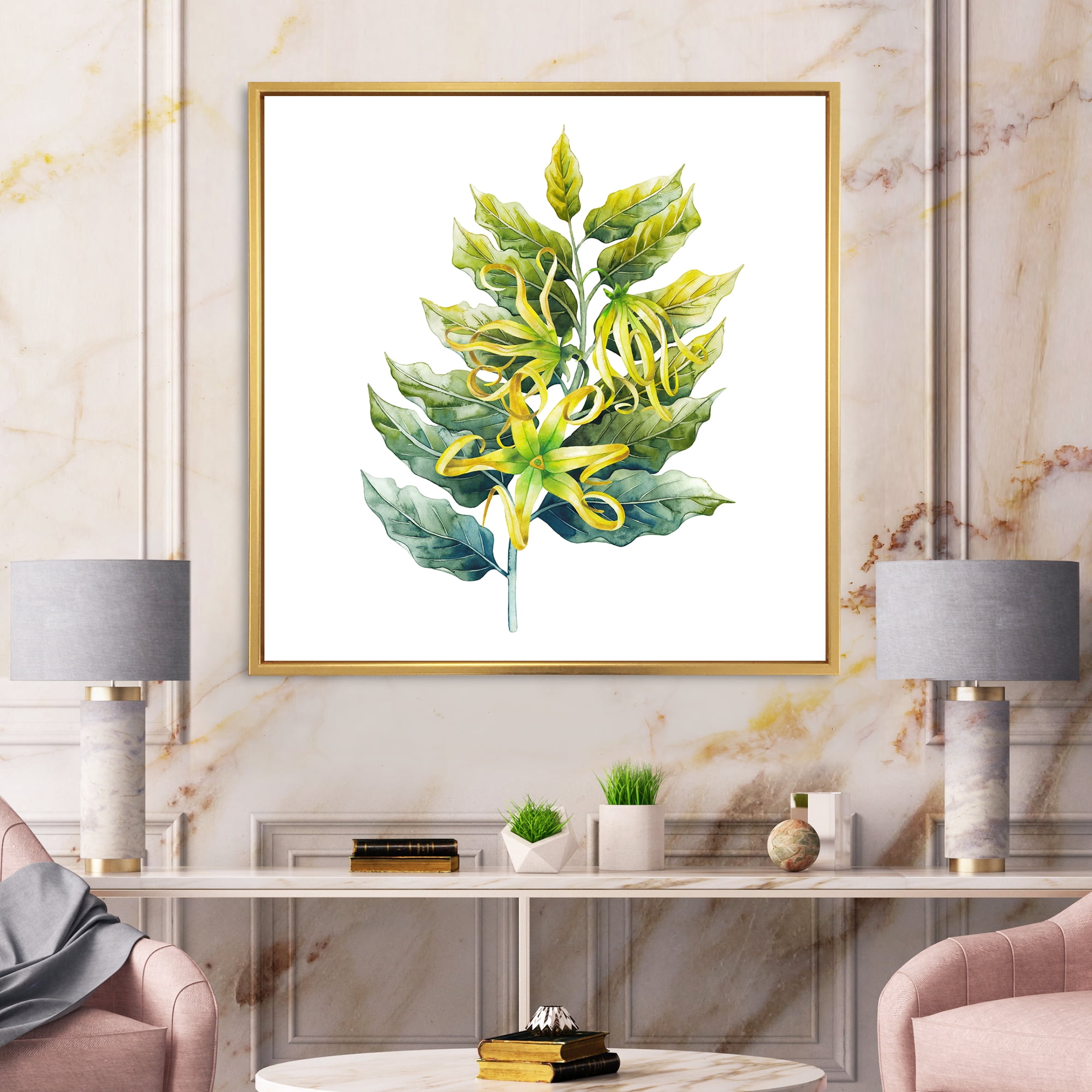 Ylang Ylang Flower On White 16 in x 16 in Framed Painting Canvas Art Print, by Designart