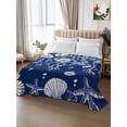 thumbnail image 2 of Navy Blue Coastal Queen Size Flat Sheet, Wrinkleproof & Fadeproof Cooling Flat Bed Sheet Only, Starfish Coral Ocean Conch Sea Nautical Breathable Soft Bedding Top Sheets 90 x 102 Inches, 2 of 8