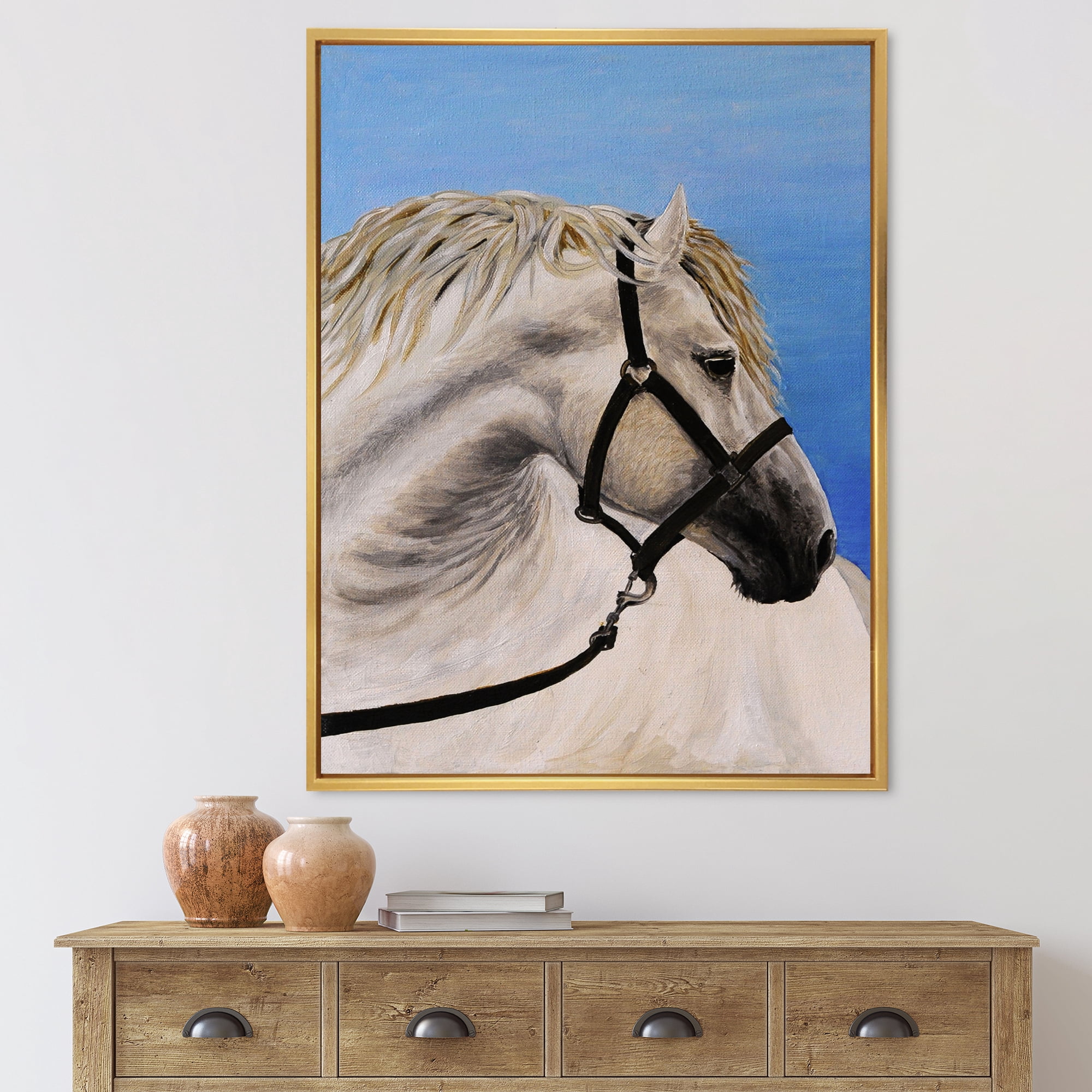 Close Up Of White Horse In The Furrow 24 in x 32 in Framed Photography Canvas Art Print, by Designart