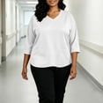 thumbnail image 4 of thefmos Women's V Neck 3/4 Sleeve Pullover Blouse with Pocket Plus Size Solid Color Casual Top Trendy Fall Spring Outfit, White 2XL, 4 of 7